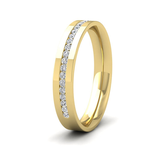 <p>18ct Yellow Gold Channel Set Round Diamond (0.25ct) Half Set Flat Wedding Ring.  35mm Wide And Court Shaped For Comfortable Fitting</p>