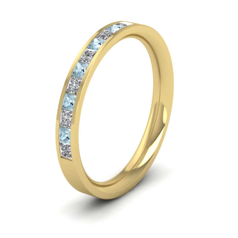 <p>14ct Yellow Gold Channel Set Diamond And Aquamarine (0.48ct) Flat Wedding Ring.  25mm Wide And Court Shaped For Comfortable Fitting</p>