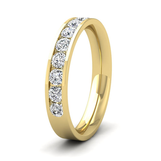 <p>9ct Yellow Gold Half Channel Set 0.75ct Round Brilliant Cut Diamond Wedding Ring.  35mm Wide And Court Shaped For Comfortable Fitting</p>