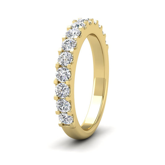 <p>18ct Yellow Gold Round Claw 0.75ct Half Diamond Set Wedding Ring.  3mm Wide And Court Shaped For Comfortable Fitting</p>