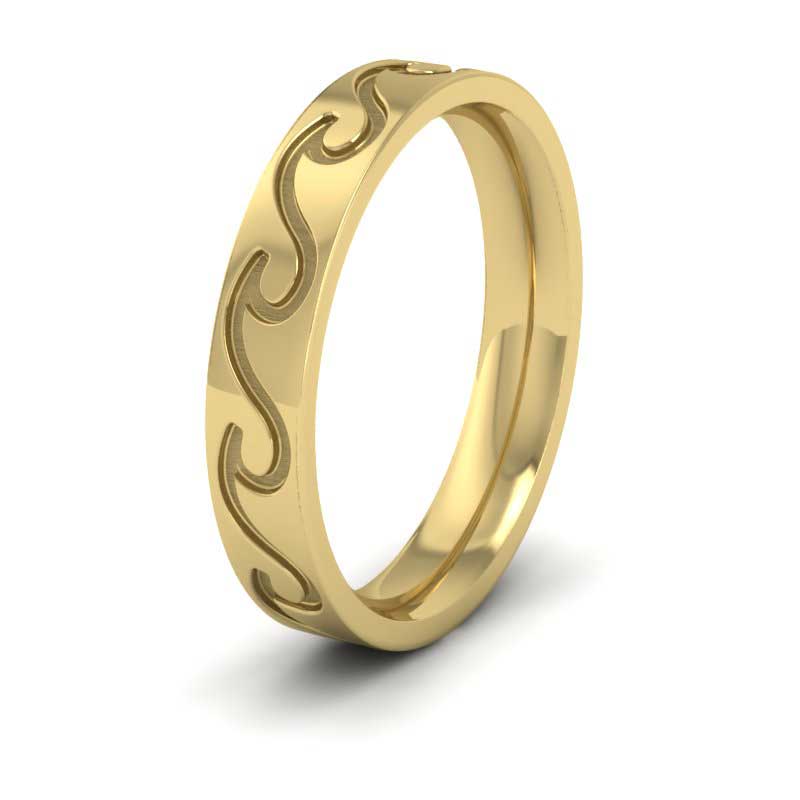 <p>9ct Yellow Gold Wave Pattern Flat Wedding Ring.  4mm Wide And Court Shaped For Comfortable Fitting</p>