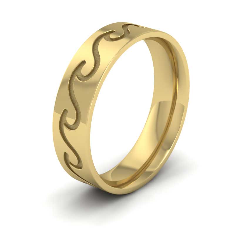 <p>18ct Yellow Gold Wave Pattern Flat Wedding Ring.  6mm Wide And Court Shaped For Comfortable Fitting</p>