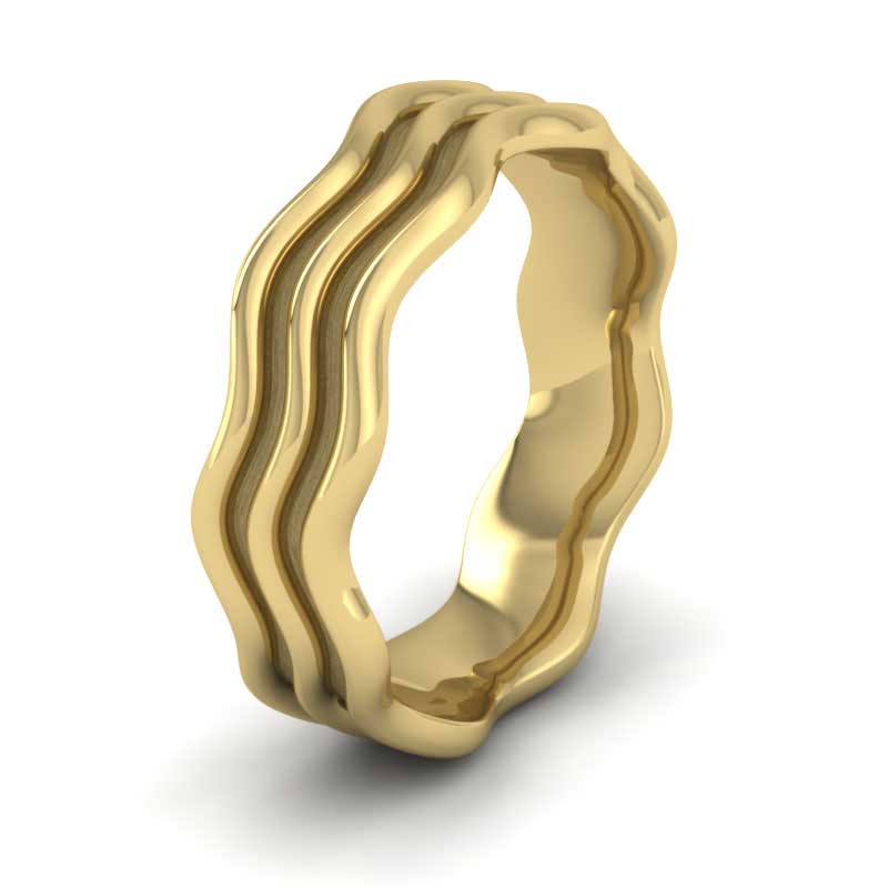 <p>14ct Yellow Gold Triple Wave Wedding Ring.  6mm Wide And Court Shaped For Comfortable Fitting (Overall 7mm Wide From Outer Waves)</p>