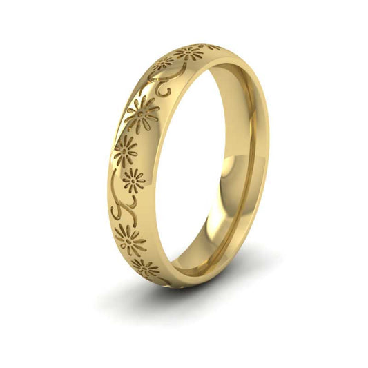 <p>14ct Yellow Gold Daisy Pattern Wedding Ring.  4mm Wide And Court Shaped For Comfortable Fitting</p>