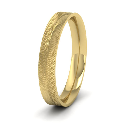 <p>18ct Yellow Gold Feather Pattern Flat Wedding Ring.  4mm Wide And Court Shaped For Comfortable Fitting</p>