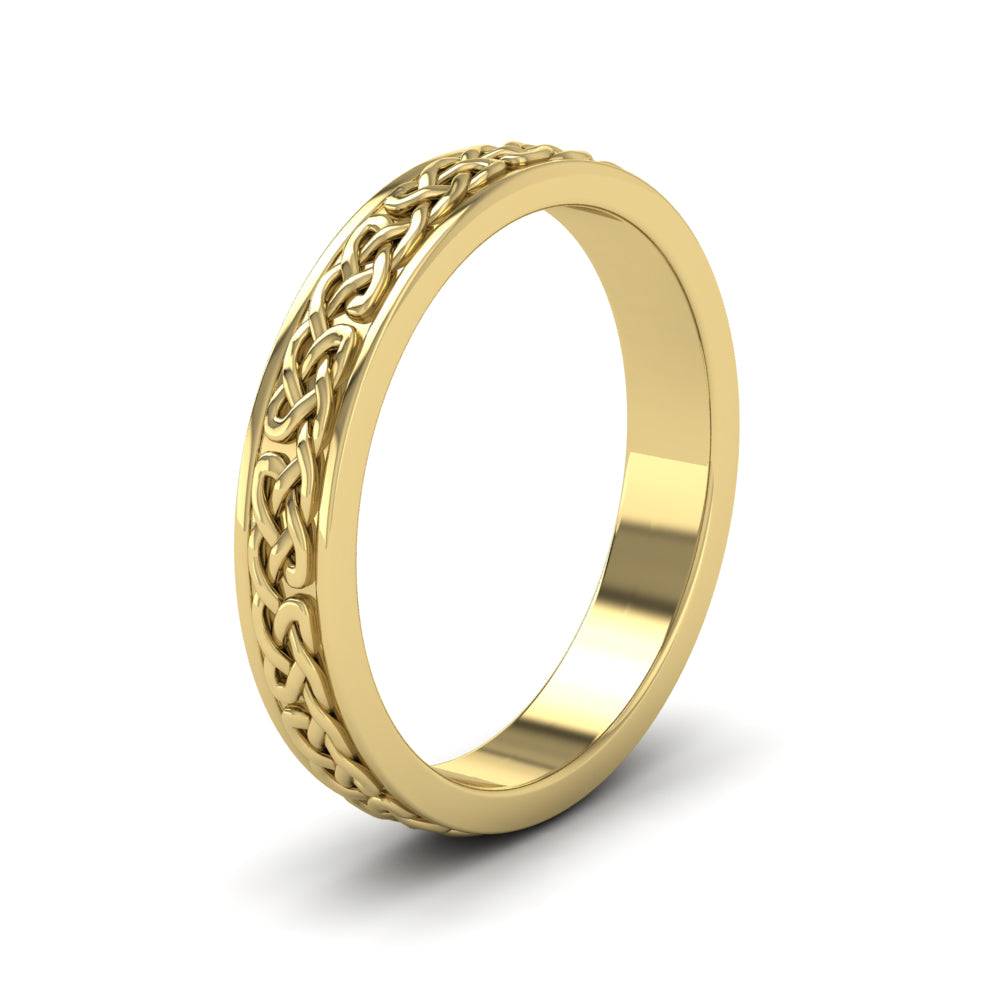 <p>Celtic Pattern With Edge Flat Wedding Ring In 14ct Yellow Gold With Edge.  4mm Wide </p>