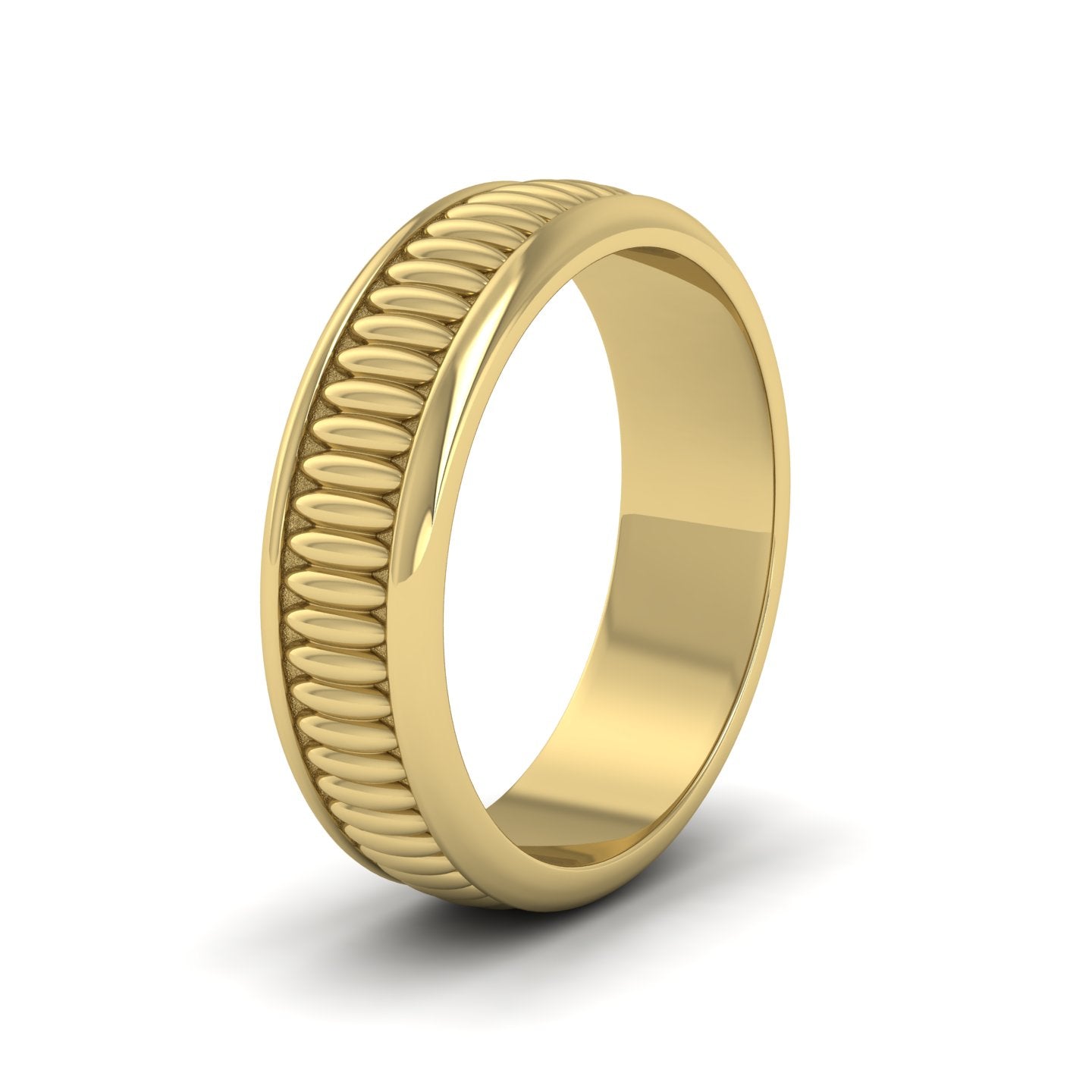 <p>Raised Oval Bump And Edged Wedding Ring In 9ct Yellow Gold.  6mm Wide </p>
