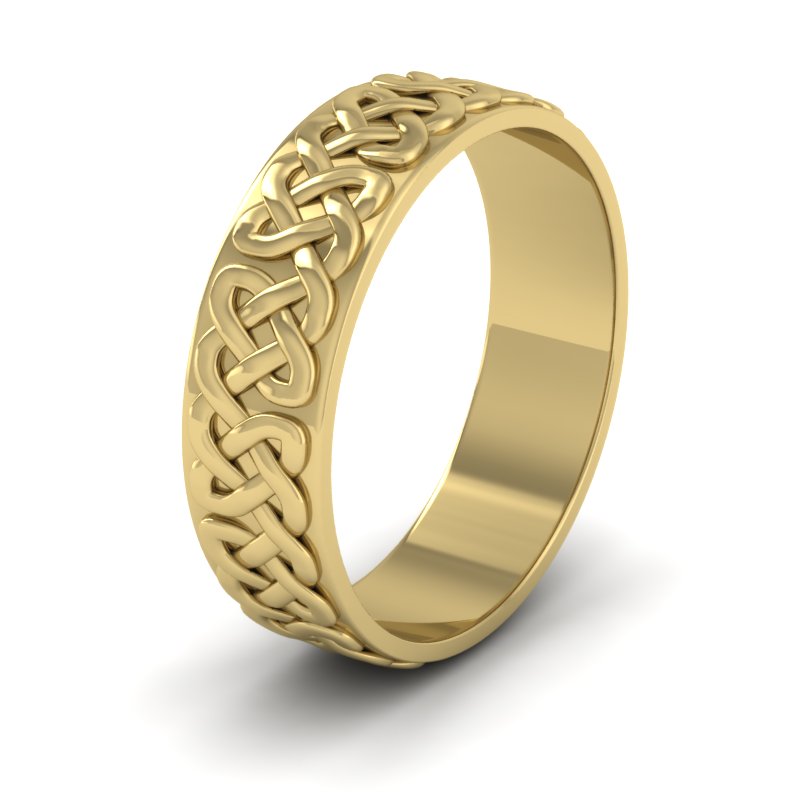 <p>Celtic Patterned Flat Wedding Ring In 14ct Yellow Gold .  6mm Wide </p>