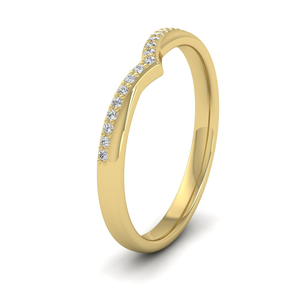 <p>18ct Yellow Gold Crossover V Shape Round Diamond Set Wedding Ring.  225mm Wide And Court Shaped For Comfortable Fitting.  Suitable For Fitting Next To Single Stone Rings Where The Stone And Setting Protrude Up To 1.5mm Away From The Edge Of The Ring.</p>