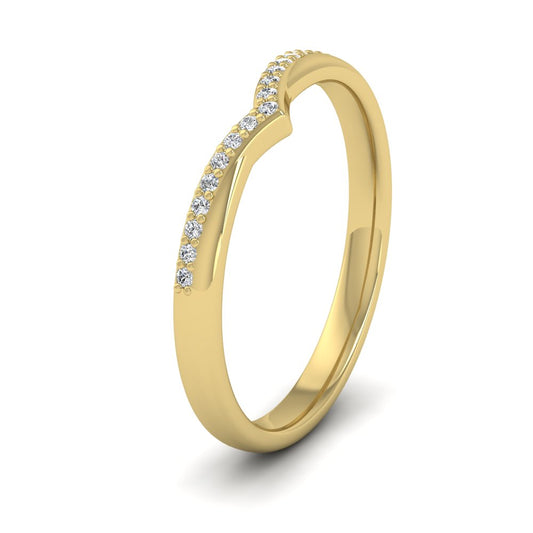 <p>9ct Yellow Gold Crossover V Shape Round Diamond Set Wedding Ring.  225mm Wide And Court Shaped For Comfortable Fitting.  Suitable For Fitting Next To Single Stone Rings Where The Stone And Setting Protrude Up To 1.5mm Away From The Edge Of The Ring.</p>