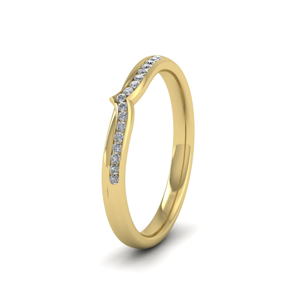 <p>9ct Yellow Gold V Shape Round Diamond Channel Set Wedding Ring.  225mm Wide And Court Shaped For Comfortable Fitting.  Suitable For Fitting Next To Single Stone Rings Where The Stone And Setting Protrude Up To 1.5mm Away From The Edge Of The Ring.</p>