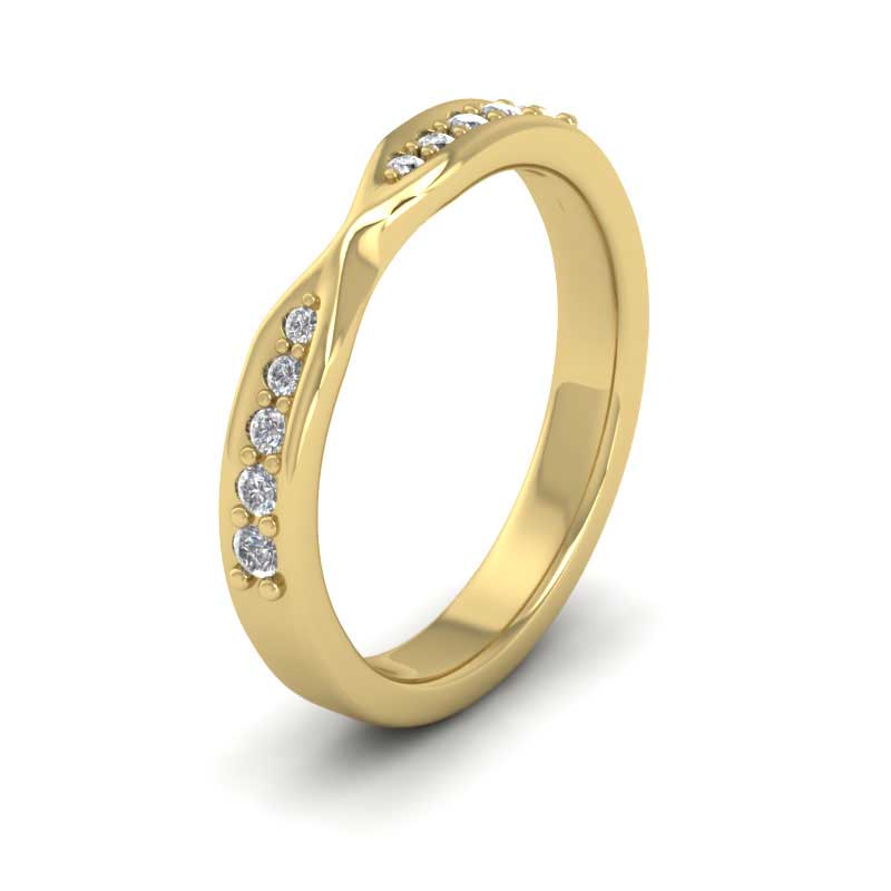 <p>Pinch Design Wedding Ring With Diamonds In 14ct Yellow Gold .  3mm Wide And Court Shaped For Comfortable Fitting</p>