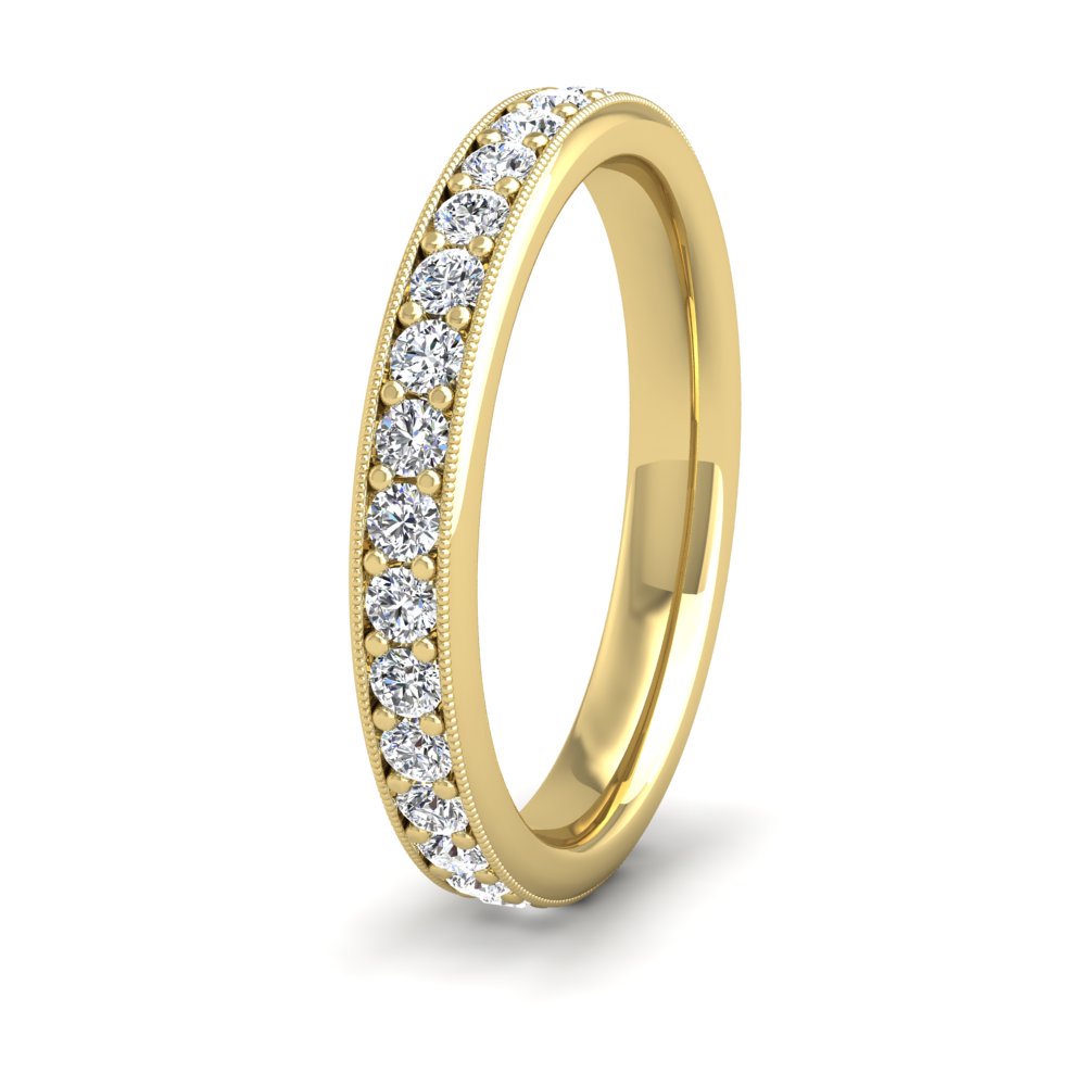 <p>18ct Yellow Gold Full Bead Set 0.8ct Round Brilliant Cut Diamond With Millgrain Surround Wedding Ring.  3mm Wide And Court Shaped For Comfortable Fitting</p>