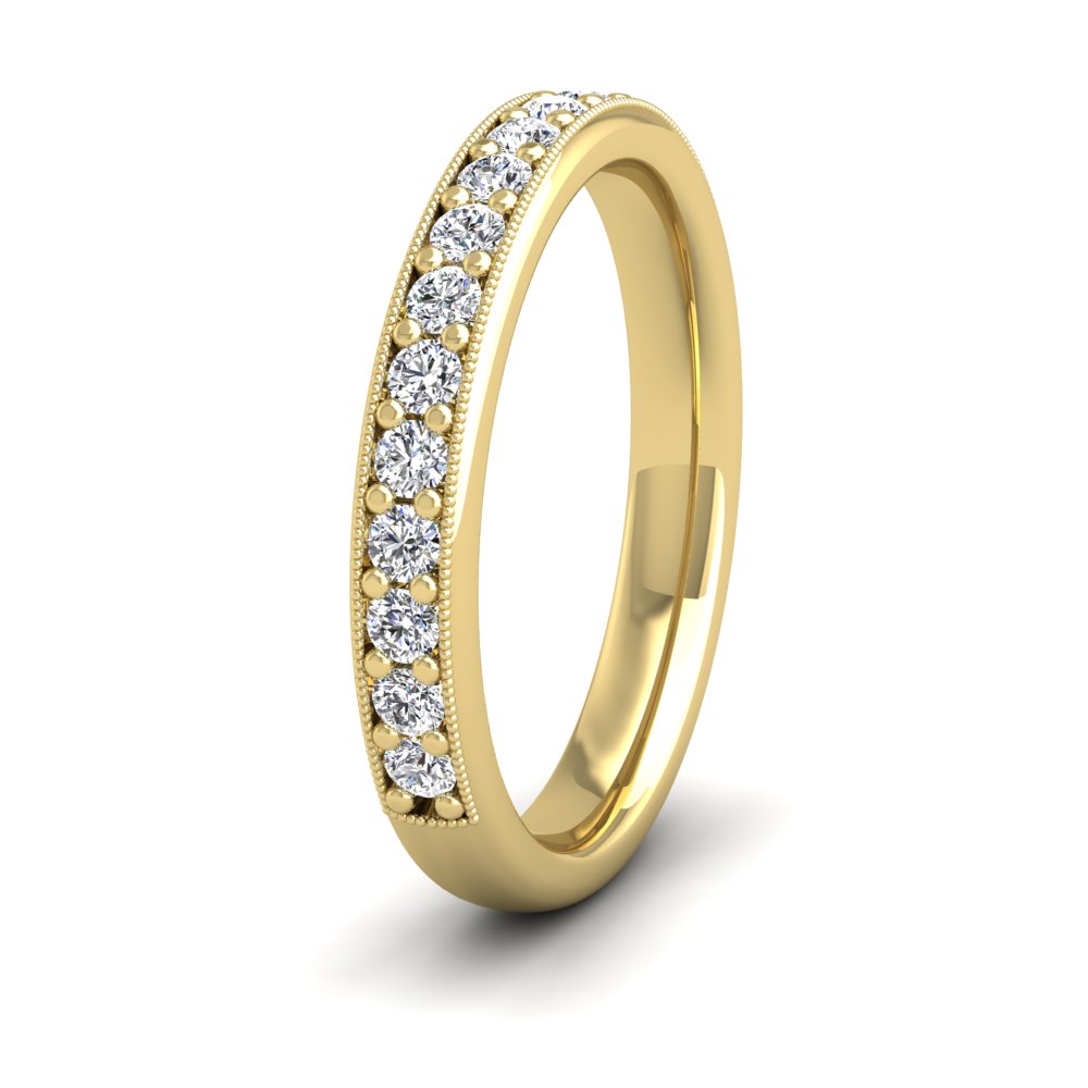 <p>9ct Yellow Gold Half Bead Set 0.4ct Round Brilliant Cut Diamond With Millgrain Surround Wedding Ring.  3mm Wide And Court Shaped For Comfortable Fitting</p>