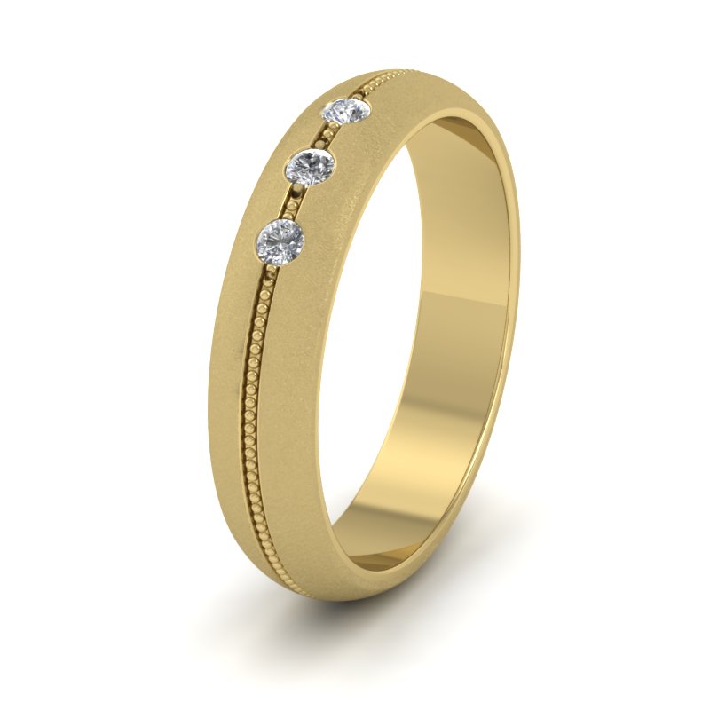 Three Diamond And Centre Millgrain Pattern 18ct Yellow Gold 4mm Wedding Ring