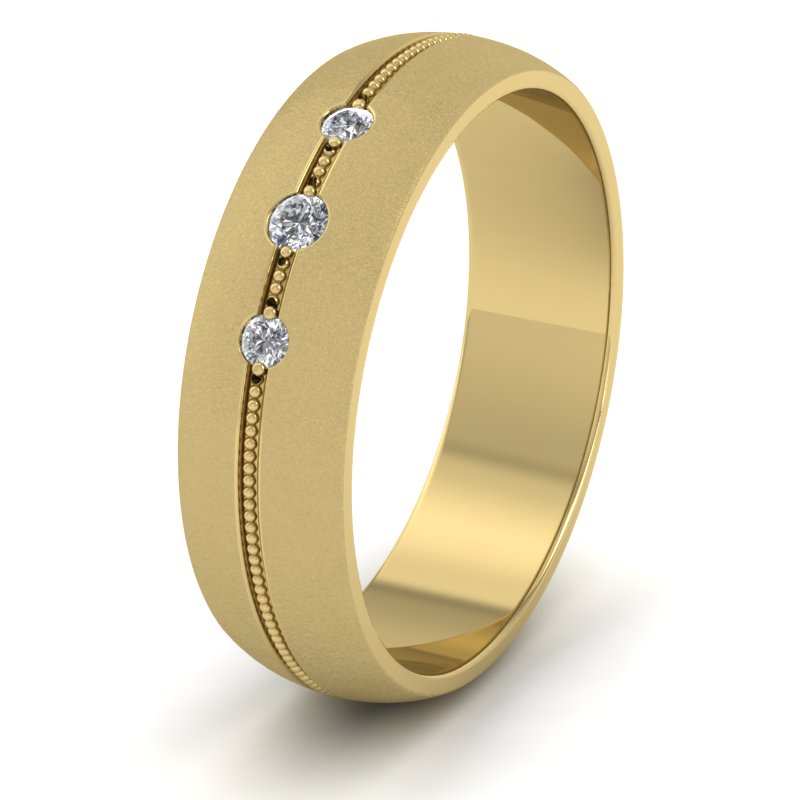 Three Diamond And Centre Millgrain Pattern 14ct Yellow Gold 6mm Wedding Ring