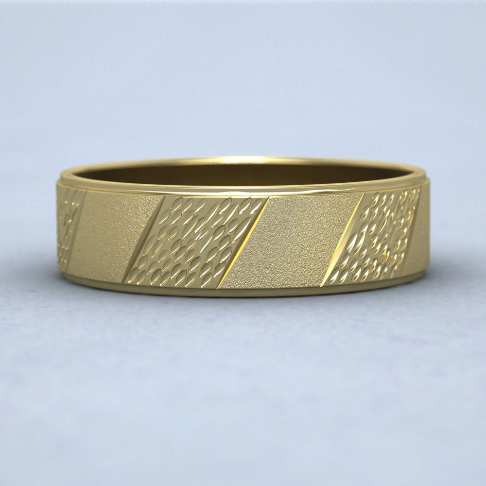 Diagonal Matt And Patterned 9ct Yellow Gold 6mm Wedding Ring Down View