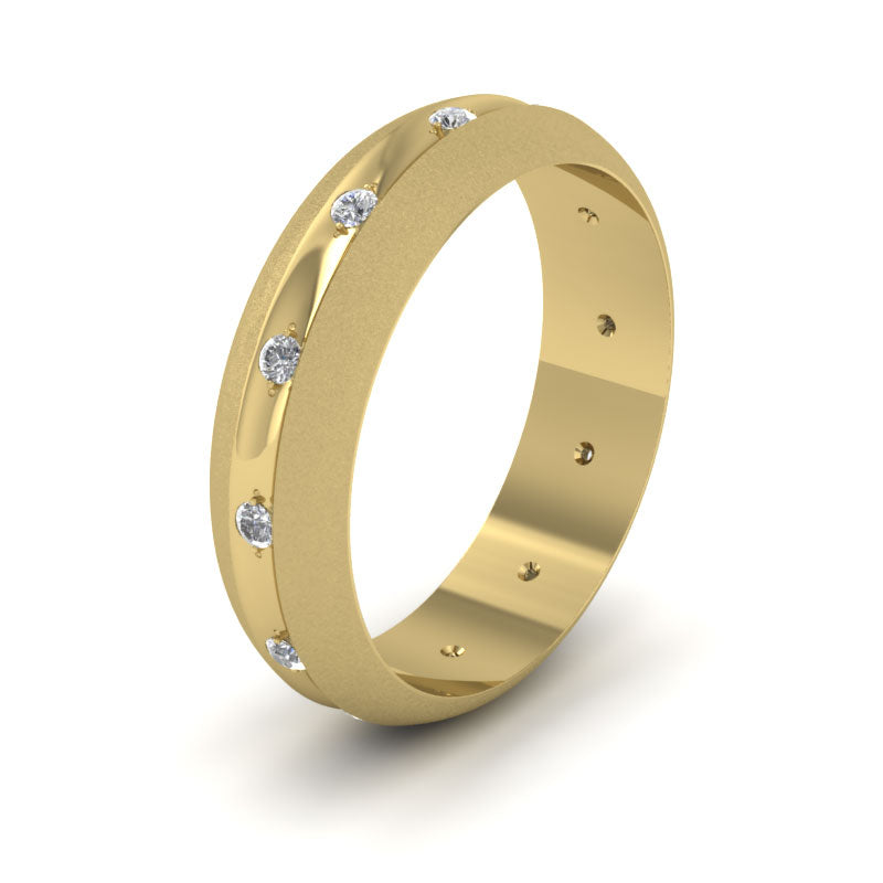 Wedding Ring With Concave Groove Set With Twelve Diamonds 6mm Wide In 9ct Yellow Gold