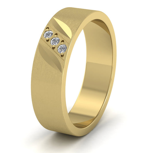 Diagonal Cut And Diamond Set 14ct Yellow Gold 6mm Flat Wedding Ring