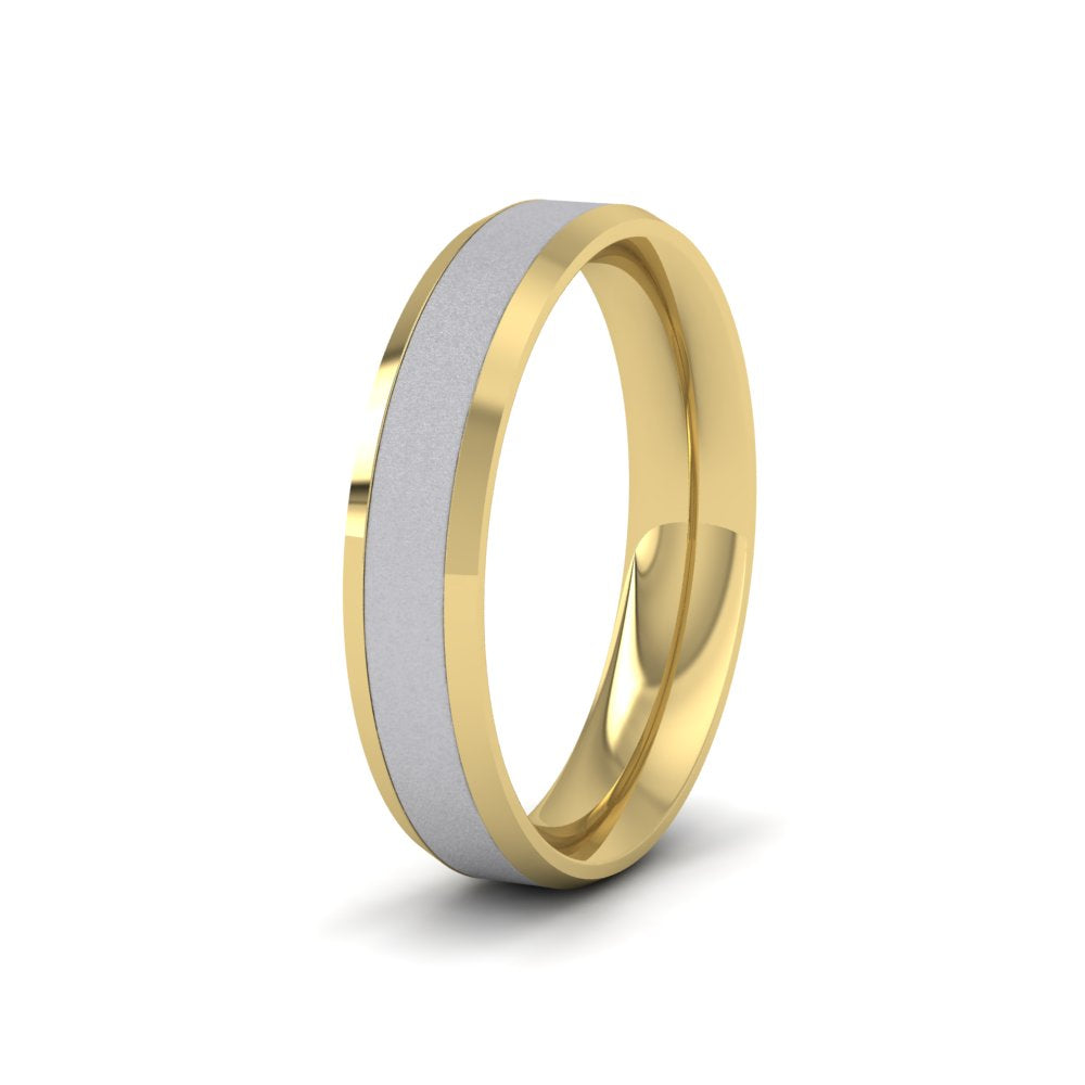 <p>Bevelled Edge Two Colour Flat Wedding Ring In 9ct Yellow And White Gold .  4mm Wide And Court Shaped For Comfortable Fitting (Shown With A Matt Finish)</p>