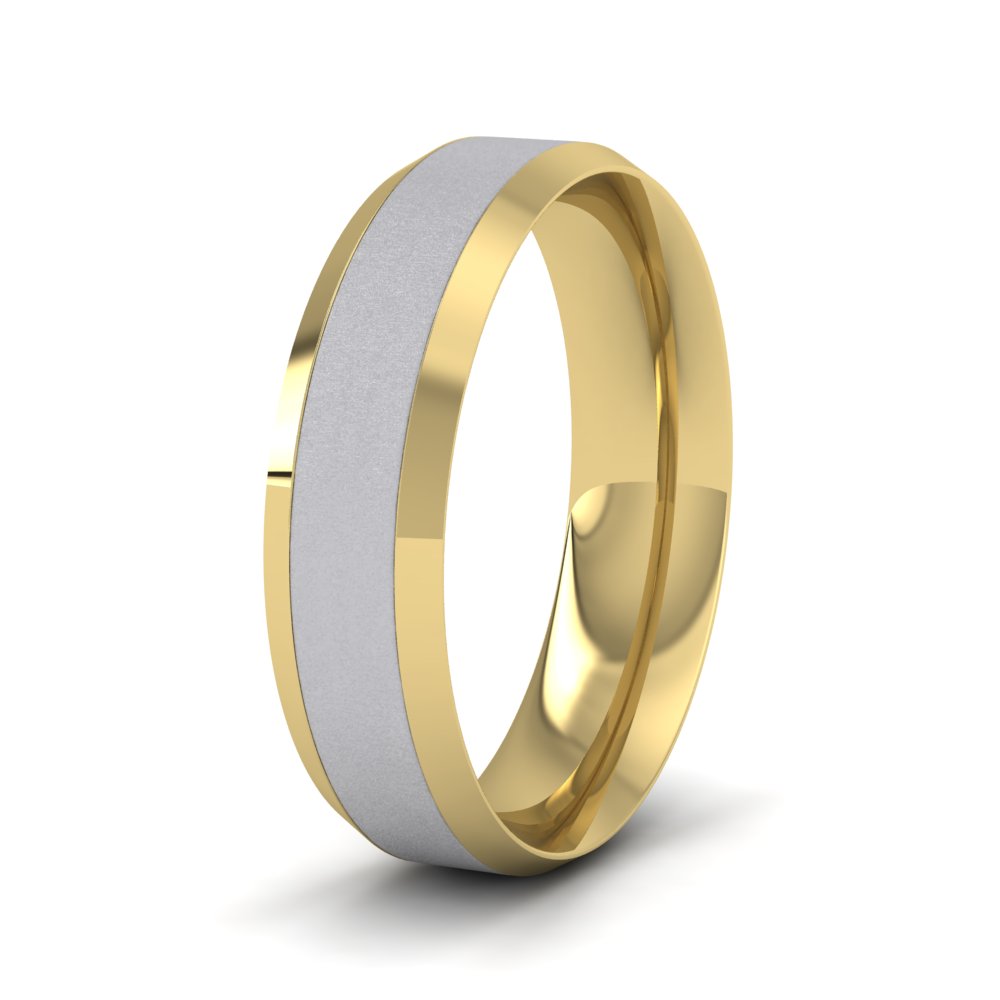 <p>Bevelled Edge Two Colour Flat Wedding Ring In 18ct Yellow And White Gold .  6mm Wide And Court Shaped For Comfortable Fitting (Shown With A Matt Finish)</p>