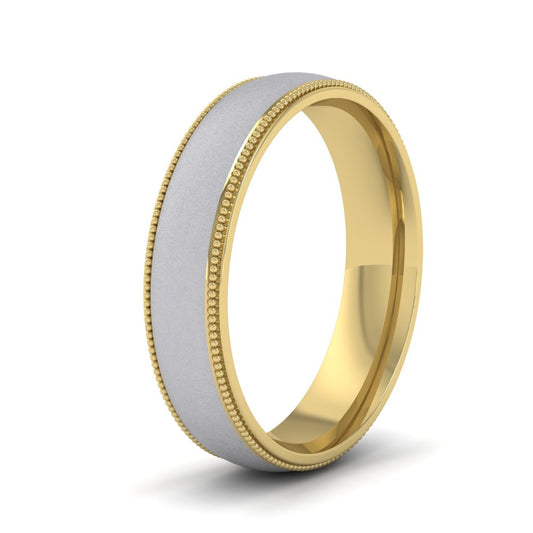 <p>Two Colour Wedding Ring In 9ct Yellow And White Gold With Millgrain Edge.  5mm Wide And Court Shaped For Comfortable Fitting (Shown With A Matt Finish)</p>